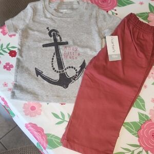 Nwt Sz 12-18 Months Carter's Gray Anchor Tee with Muted Red Pants